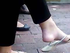 Candid Brunette Feet Shoeplay Dangling Flip Flops Outside