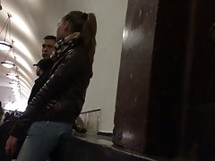 Public cumshot on girls leather jacket