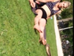 Candid Blonde Feet Soles Wiggling Toes at Park