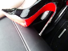 lick my heels clean! slut in the car leather&amp;louboutin heels