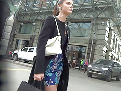 cute girl in short dress stockings upskirt